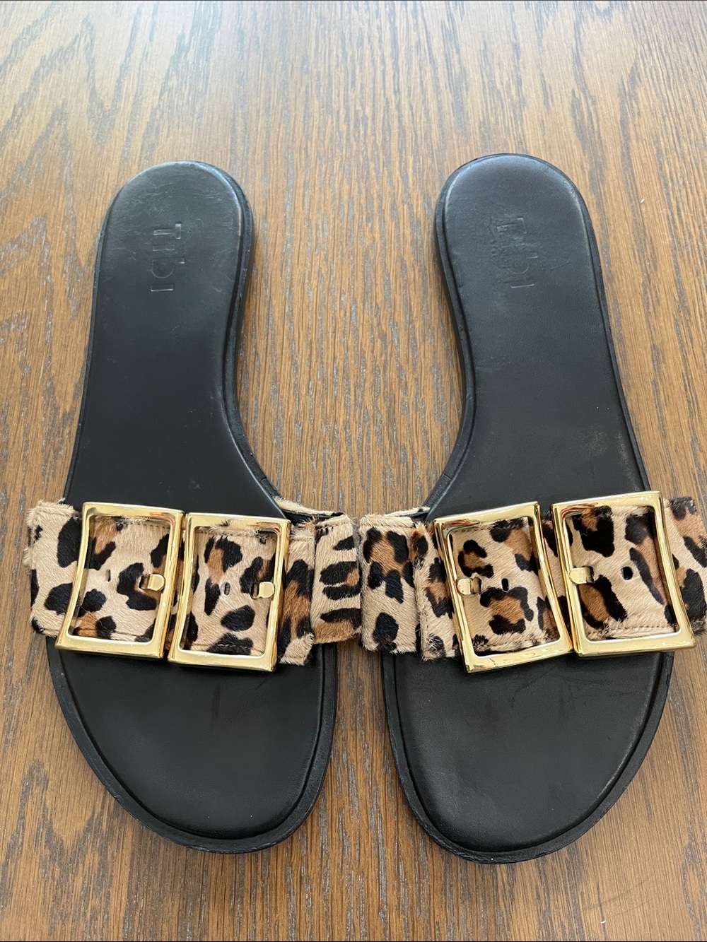 Tibi Leopard Print Leather Slide Sandals Gold Buckles Made in Italy Women’s 38.5
